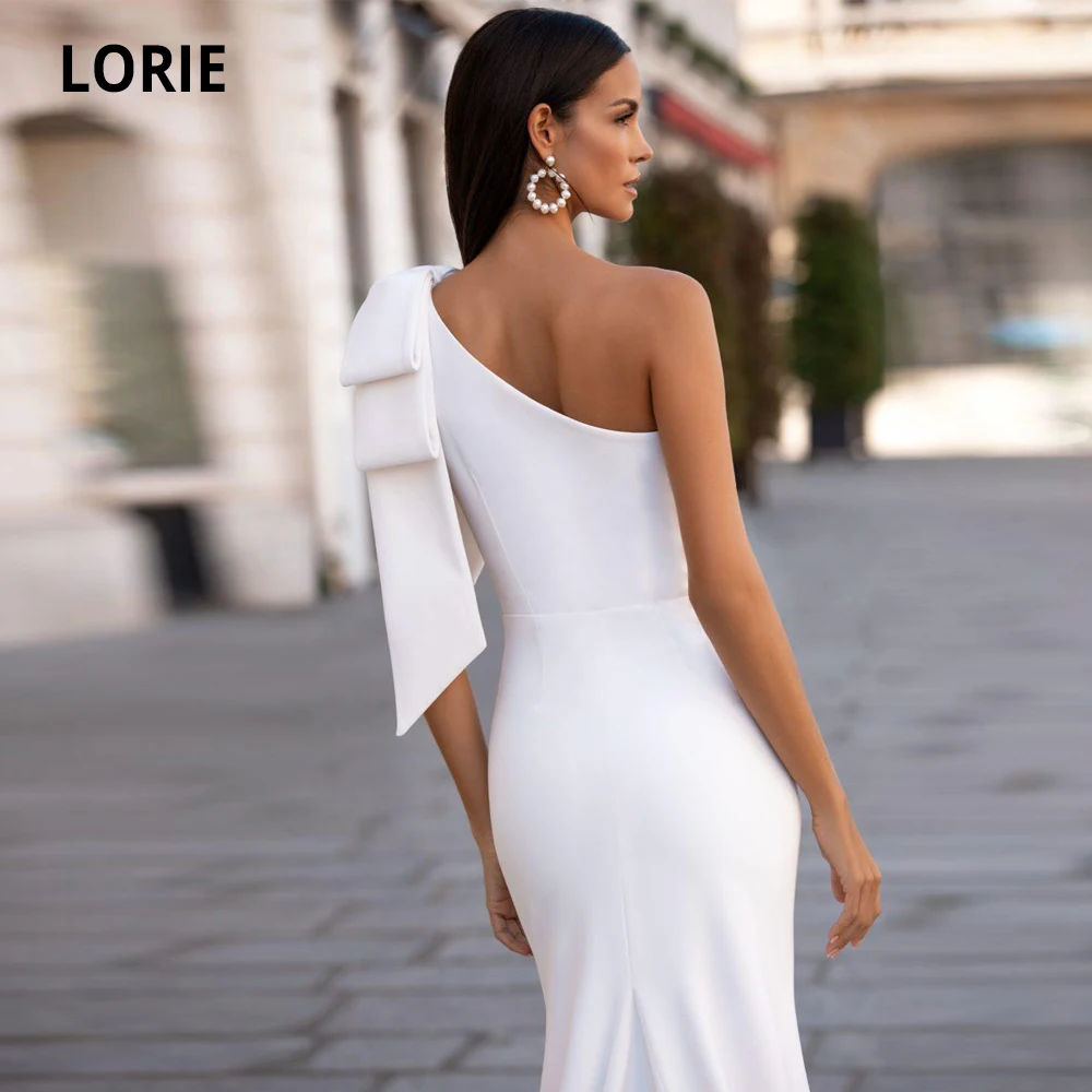 Lorie Satin Mermaid Trouwjurken Sexy Een Schouder Mouwloze Bruidsjurk Wit/Ivoor Beach Wedding Party Jurk Met Strik 2020