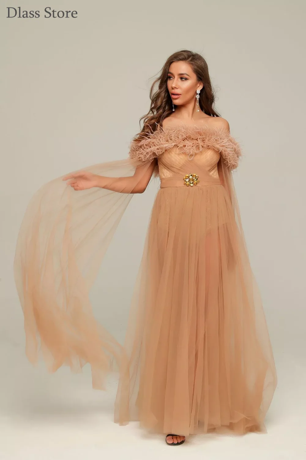 Champagne Illusion Prom Jurk Voor Fotografie Schieten Veer Off Shoulder A-lijn Avondjurk Floor Lengte Вечерние Платья Платье