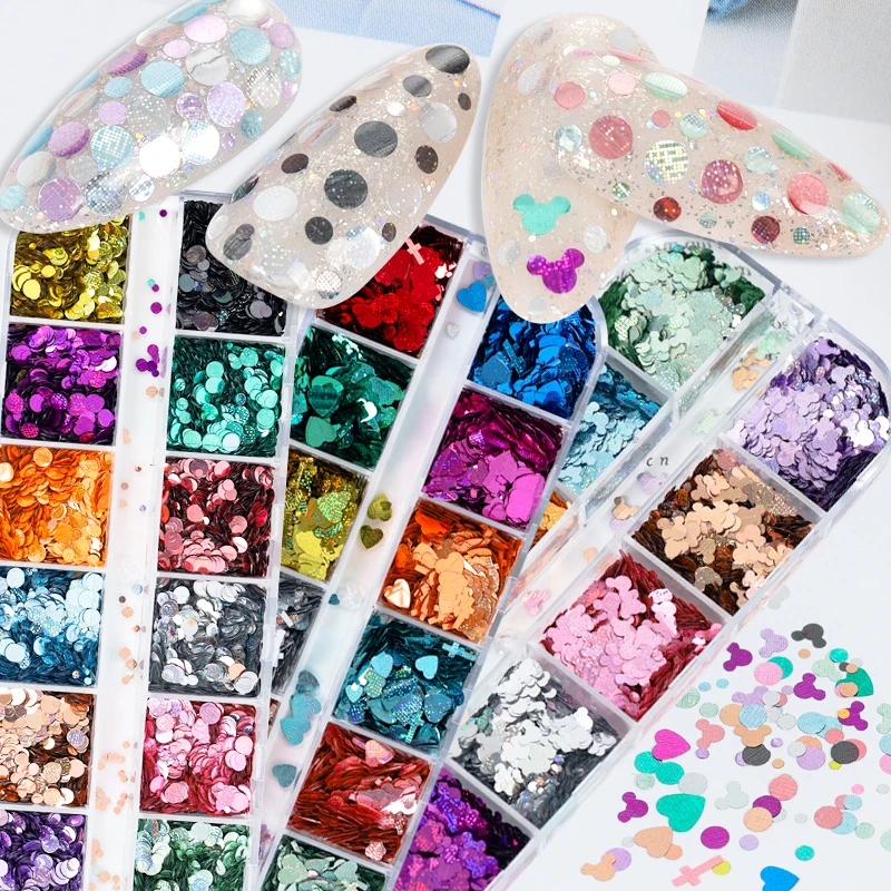 12 Grids/Box Mix Colors Sizes Round Heart Cross Holographic Grain Texture Sequins Nail Glitter Paillette Nail Art Slice Decals