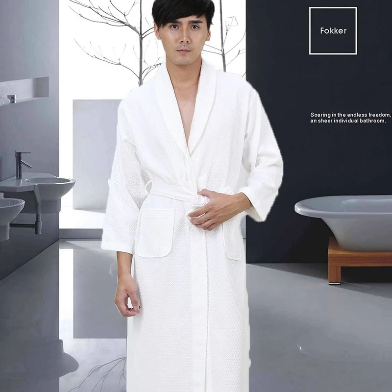 Summer Cotton White Bathrobe Men Bridesmaid Plus Size Waffle Bathrobe Cotton Hotel Robe for Boys Men\'s Long Sleepwear Nightgown