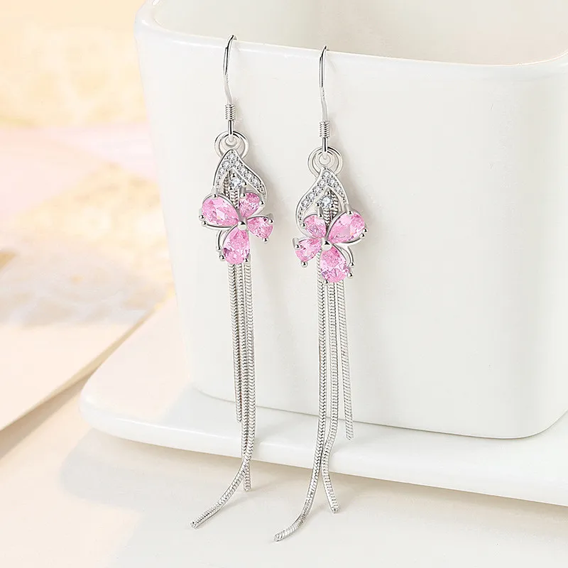 Clover Pink Purple Crystal Zircon Diamonds Gemstones Tassel Long Drop Earrings for Women White Gold Filled Trendy Jewelry Gifts