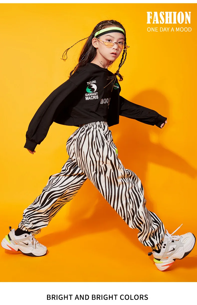 Ropa de Hip Hop para niños, Sudadera corta de manga larga con estampado de cebra, pantalones de calle para correr, disfraz de baile de Jazz para niñas