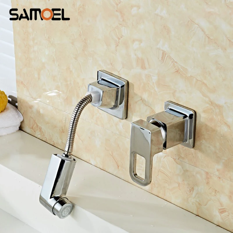 

Economic Brass Wall Mounted Pull Out Bathroom Sink Faucet Mixer Chrome Dual Hole Basin Water Tap 1225C