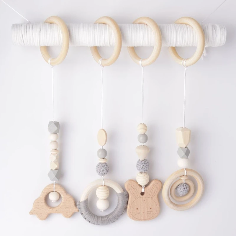 4 Pcs Wooden Baby Play Gym Frame Beech Ring Stroller Hanging Pendants Newborn Activity Gym Fitness Rack Rattle Toys Room Decor