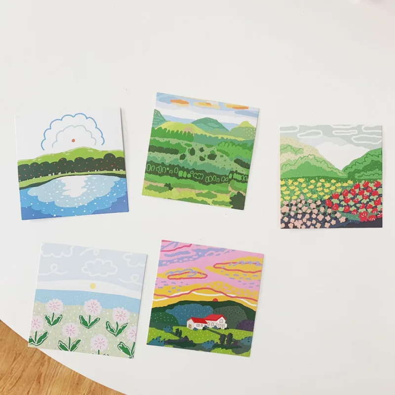 Ins Plant Flower Landscape Decorative Card 5 Sheets Writable Hand Painted Illustration Postcard Diy Wall Sticker Greeting Cards