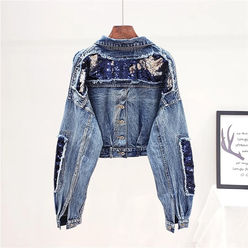 Women Harajuku Denim Jacket 2022 Autumn Batwing Sleeve Loose Fit Sequined Fashion Short Outerwear Single Breasted Casual Coat