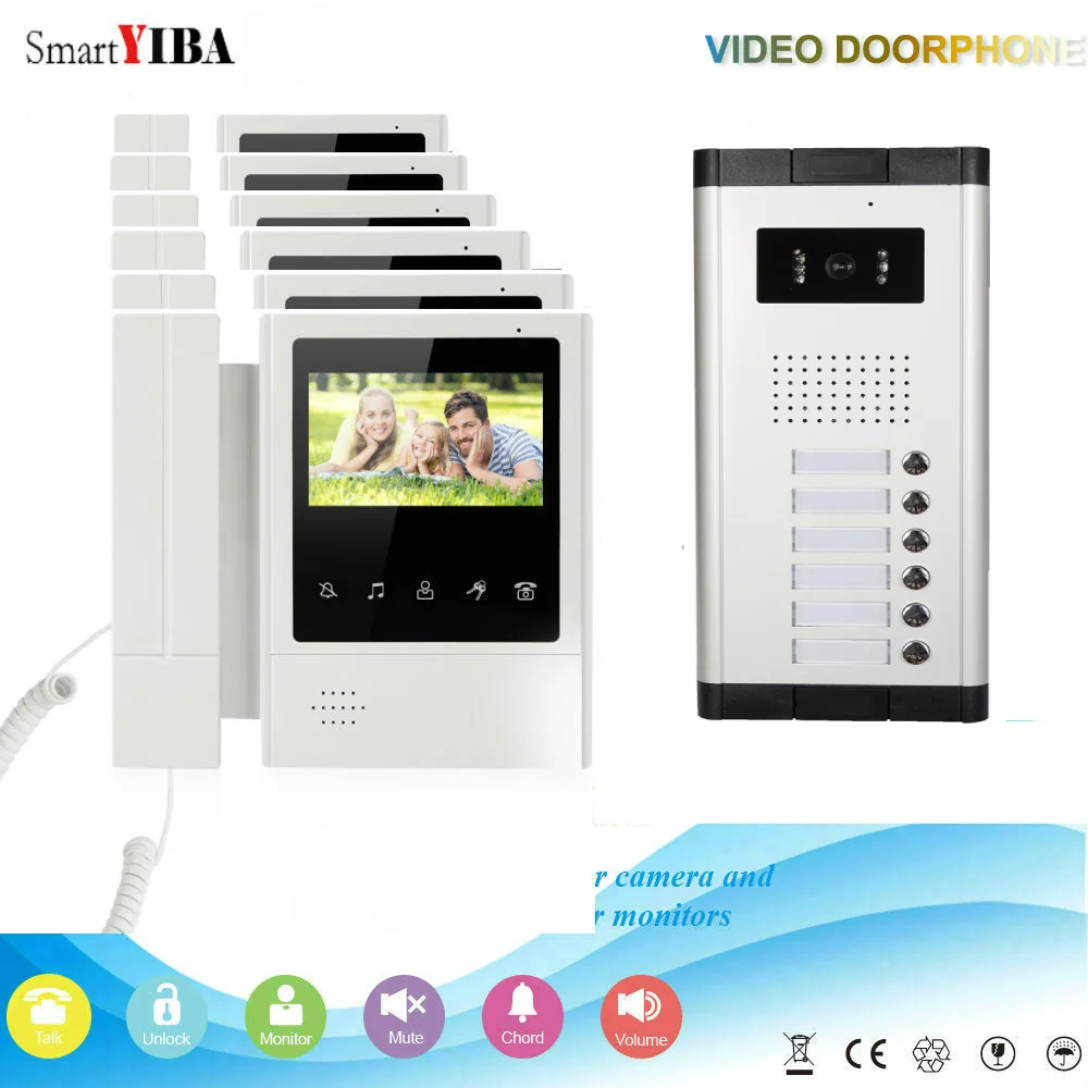 SmartYIBA 6 Buttons Building Video Doorbell Intercom With Door Lock For Multi Apartment RFID Unlock Video Door Phone Kits