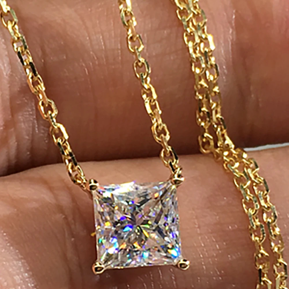 

Custom Solid 14K Yellow Gold Women Pendants Necklaces Moissanite Diamond 1 Carat Princess Square Wedding Anniversary Engagement