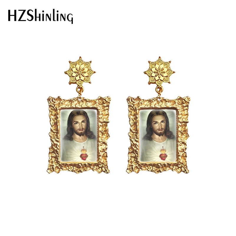 2021 New Fashion Glass Cabochon Gold Color Dangle Earrings Jesus Paintings Retro Ear Jewelry