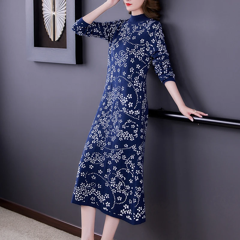 Feminino azul floral malha algodão camisola outono inverno grosso quente coreano vintage pullovers elegante bodycon turtelneck suéteres