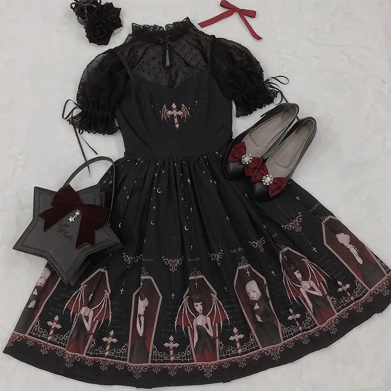 Japanese Gothic Lolita Jsk Black Dress Women Harajuku Street Fashion Sleeveless Soft Sister Cute Dress Girls White Punk Dresses