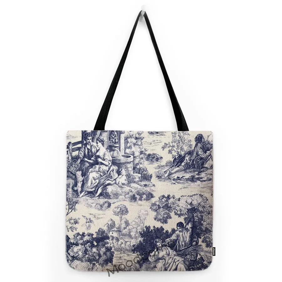 Navy Blue Black White Newspaper Poster Style Toile De Jouy Motif Pattern Vintage Water Resistant Linen Tote Bag Shoulder Bag