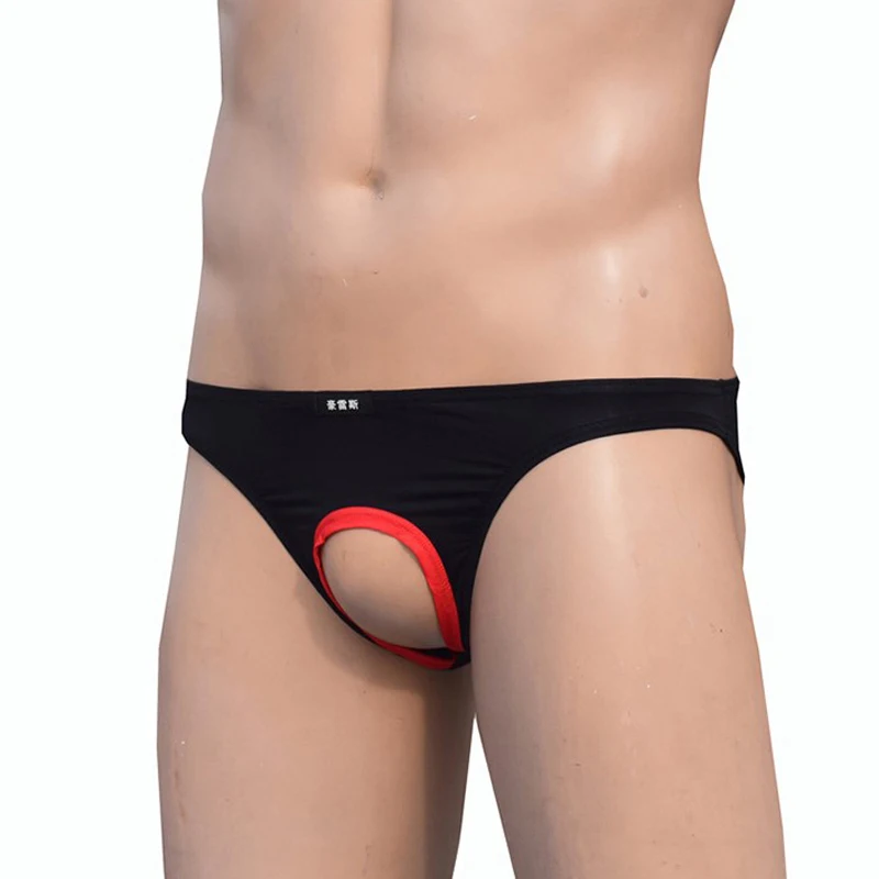 Pouch Hole Hollow Out Briefs Men Sexy Lingerie Mens Silk Underwear Briefs Men Open Front Panties Fetish Tanga Underpants