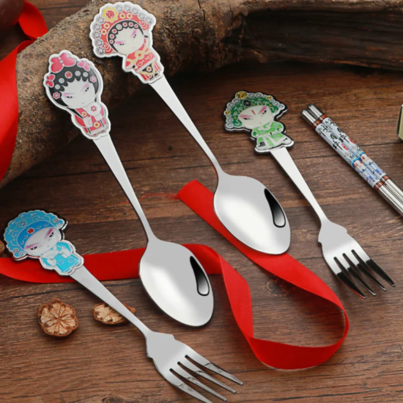 Chinese Style Cultural Beijing Opera Facial Masks Stainless Steel Chopsticks Spoon Tableware Gift Set Cutlery Set