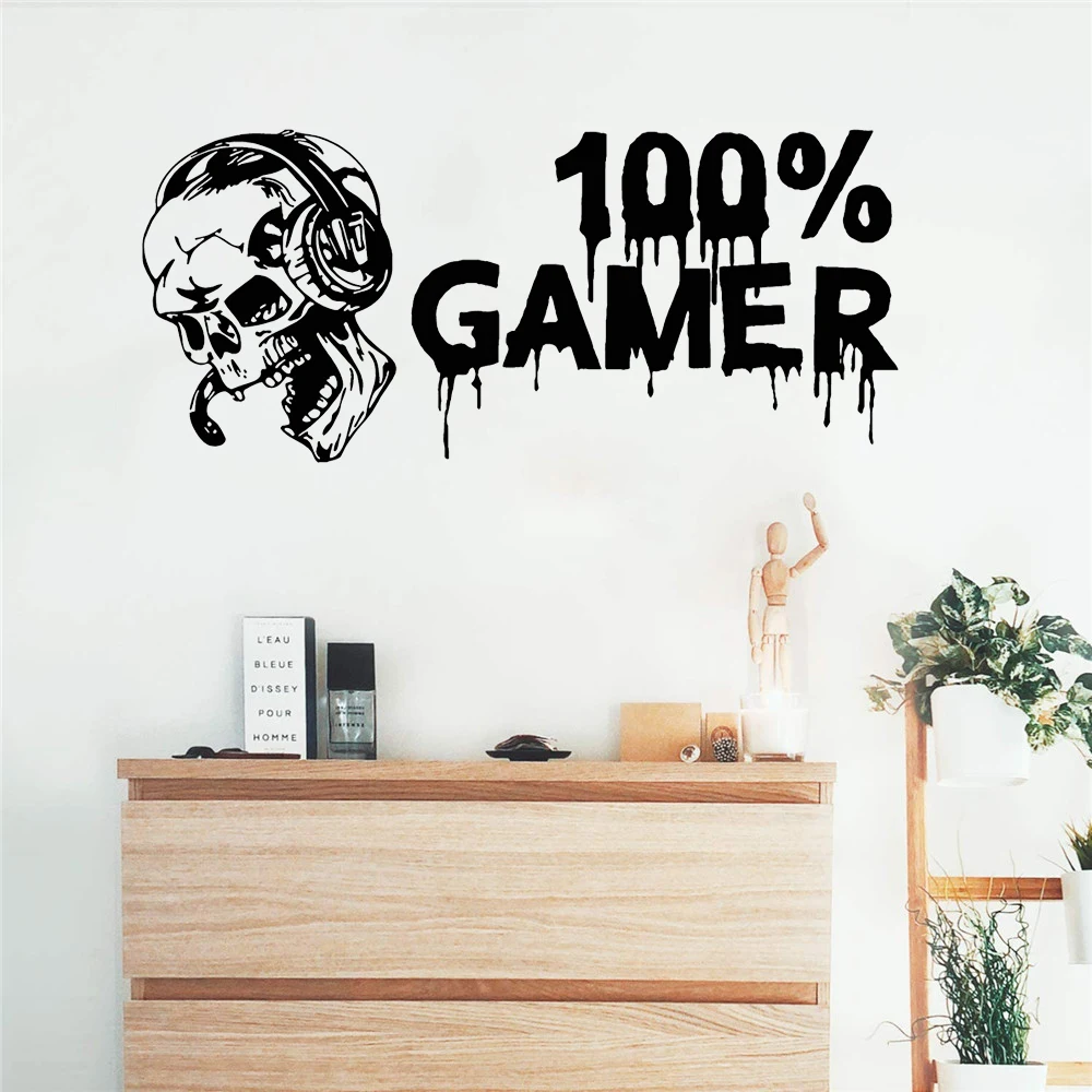 100% Gamer Skull Headset Video Game Gaming Vinyl Sticker Decal - Room Decor Wall Art Mural Home Decoration Bedroom