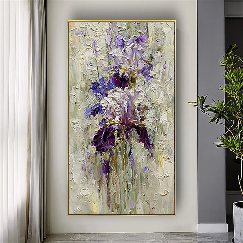 Hand-Painted Large Abstract Iris Canvas Poster Palette Knife Flowers Oil Painting Modern Decor Piece Floral Pictures Wall Art