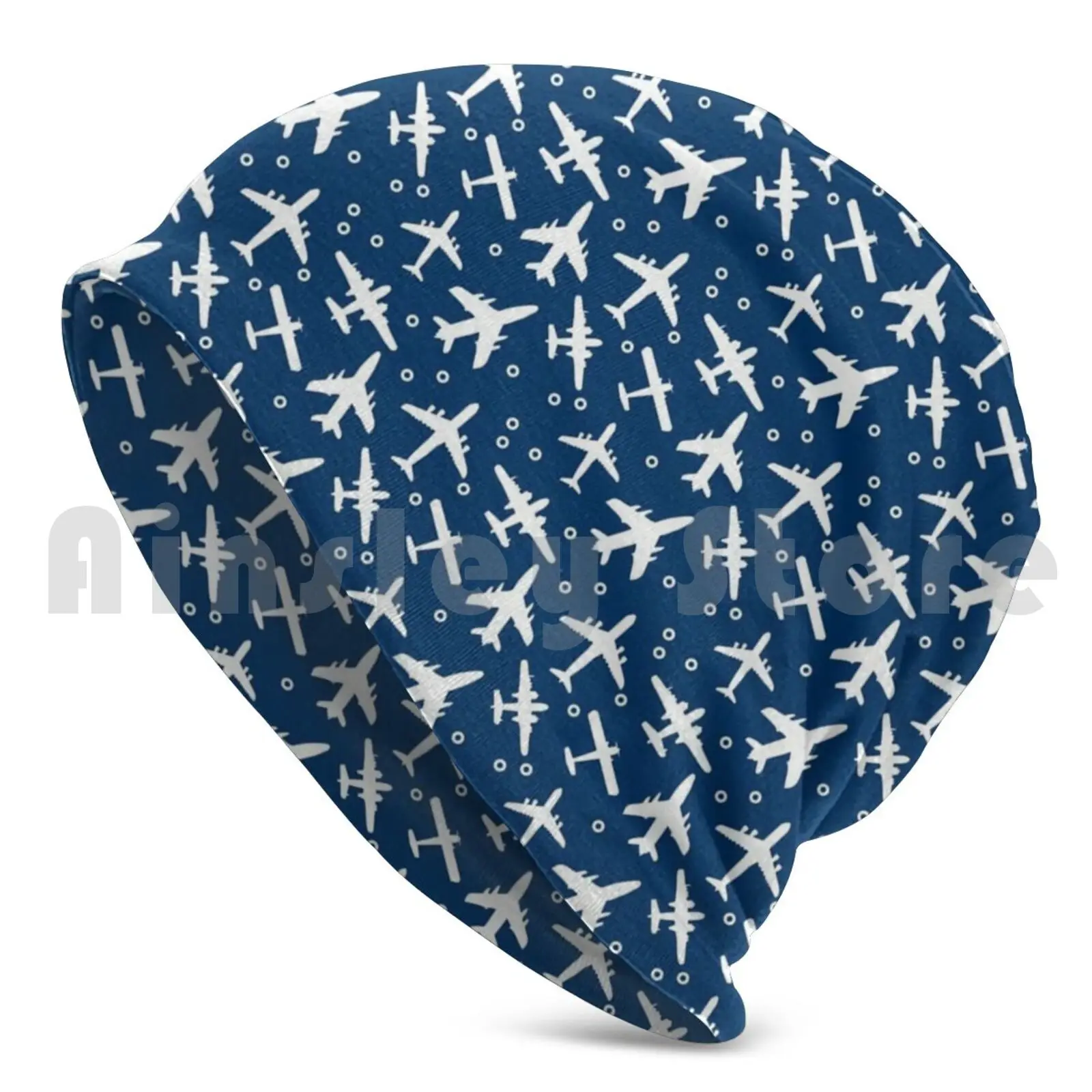 Blue And White Aeroplanes Silhouette Pattern Beanie Hedging Cap DIY Print Cushion Airplane Airplane Aviation Aviator