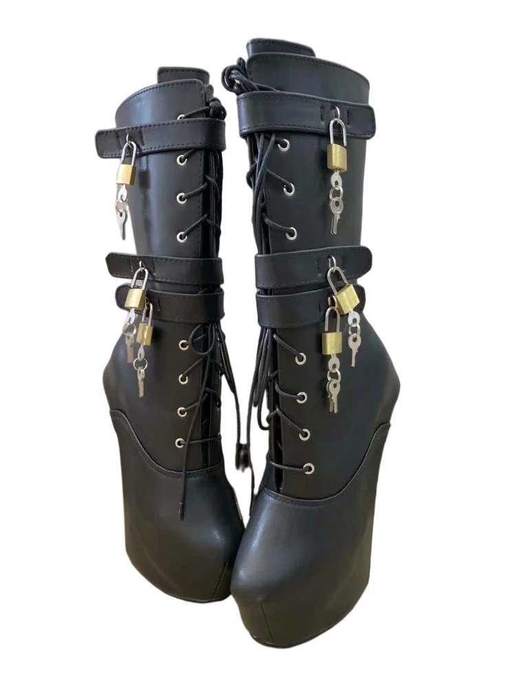 18cm Black Pu Leather Mid-calf Boots Women Heelless Hoof Horseshoe Heels Platform Boots Pole Dance Sexy Shoes Pumps Botas Mujer