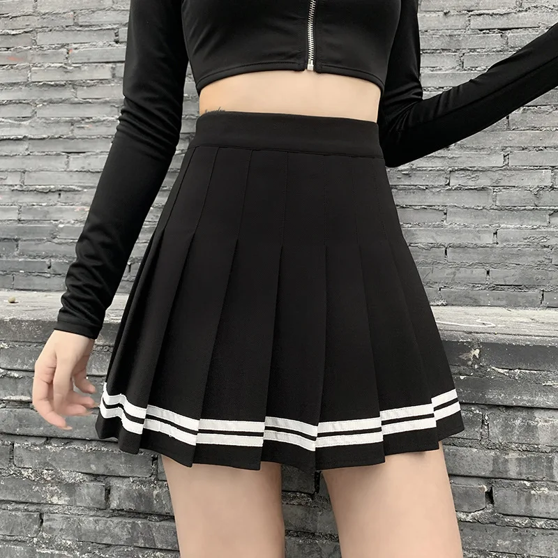 Vintage Koreanische Art Patchwork Rock Harajuku JK Schwarz Plissee Röcke Gothic Streetwear Hohe Taille Mini Rock Frauen Punk Rock