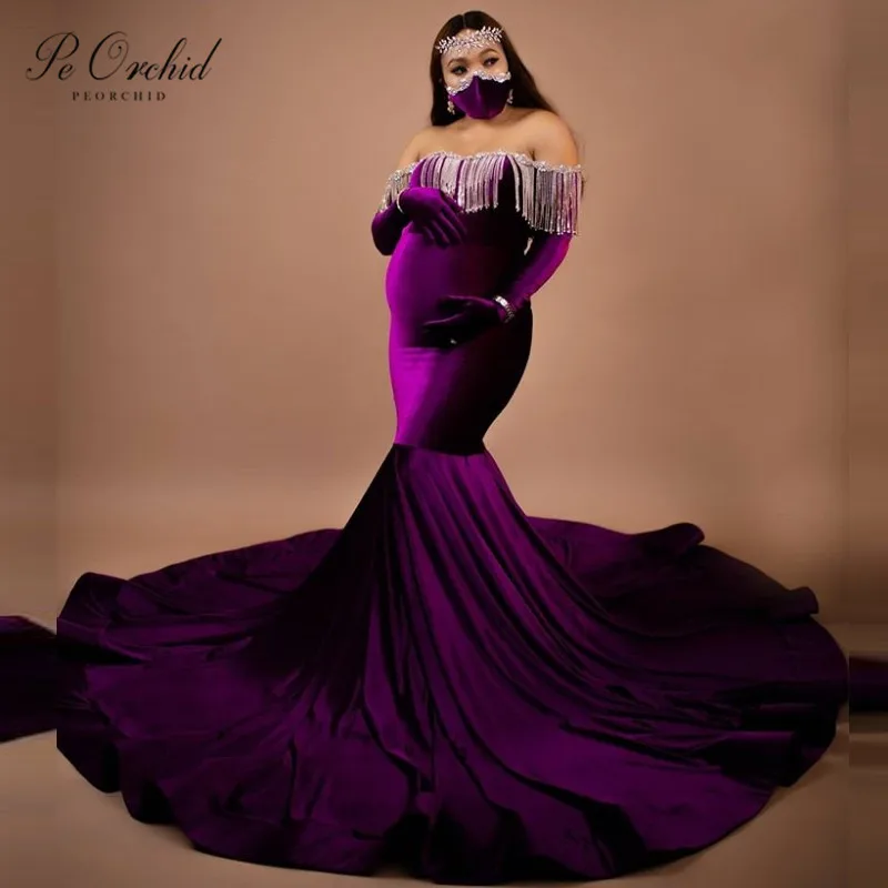 PEORCHID Dark Purple Mermaid Evening Dress Pregnant Woman Beads Vevlet Long Train Plus Size Formal Maternity Gown For Photoshoot