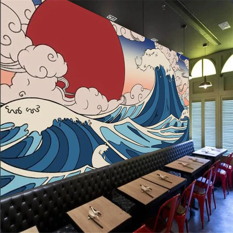 Retro Ukiyo-e Sea Japanese Food Cuisine Background Wall Paper Sushi Restaurant Ramen Izakaya Industrial Decor Mural Wallpaper 3D