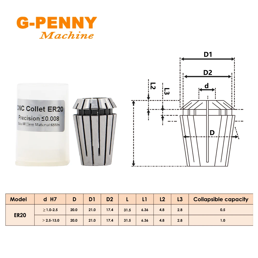 G-Penny ER20 spring collet chuck set 1 pcs High accuracy precision 0.008mm for CNC Milling Lathe Tool spindle motor