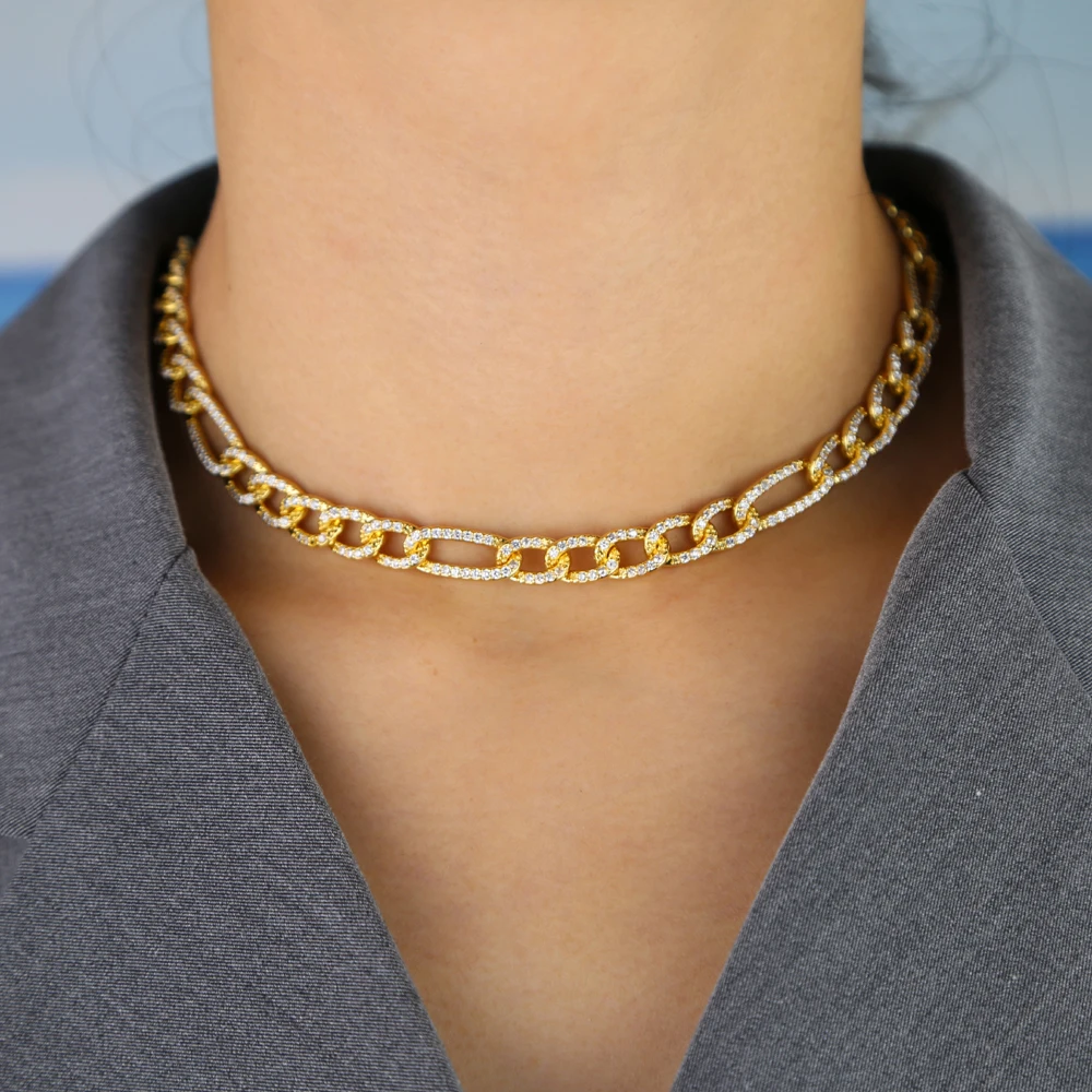 Iced Out rainbow cz choker neckalce with 2 colors Full Miami Curb Cuban Chain CZ Rapper Necklaces For women Hip Hop Jewelry