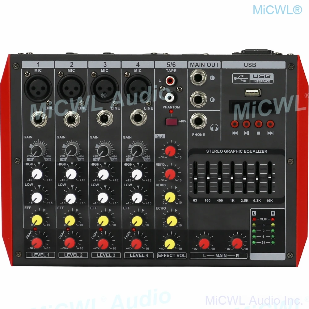 6 قناة خلاط مع 400 واط مكبر كهربائي بلوتوث ستيريو الصوت خلط Consol المدمج في 2x200 واط الطاقة أمبير 48 فولت تسجيل