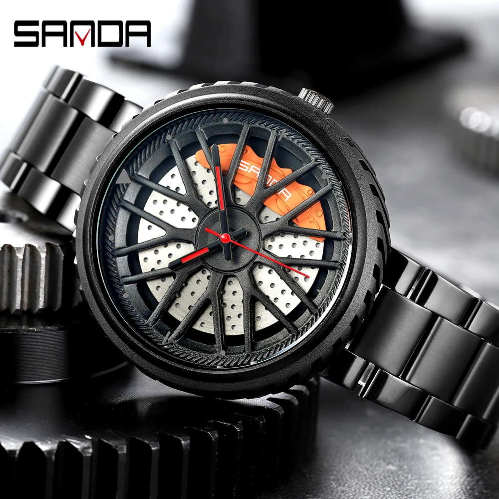 SANDA Fashion Outdoors Leisure Men Watch Stainless Steel Belt Wheel Pattern Waterproof Quartz Wristwatch Relogio Masculino 1042