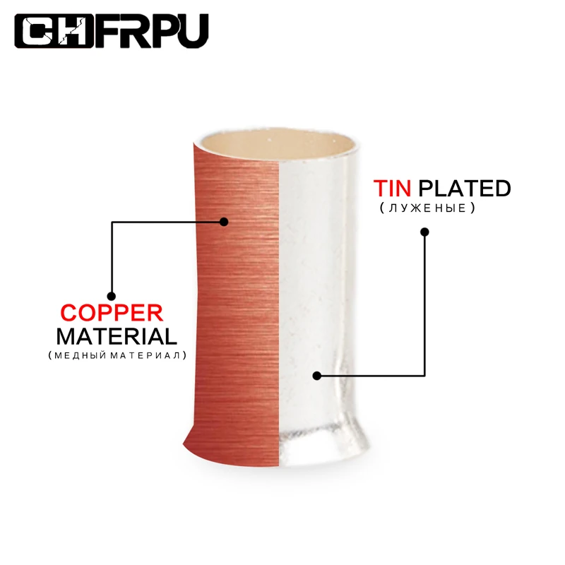 100PCS EN  Wire Connector Ferrules Electrical Cable Terminal Copper Bare Tinned Crimp Terminal 0.5mm2-16mm2 AWG 22-10