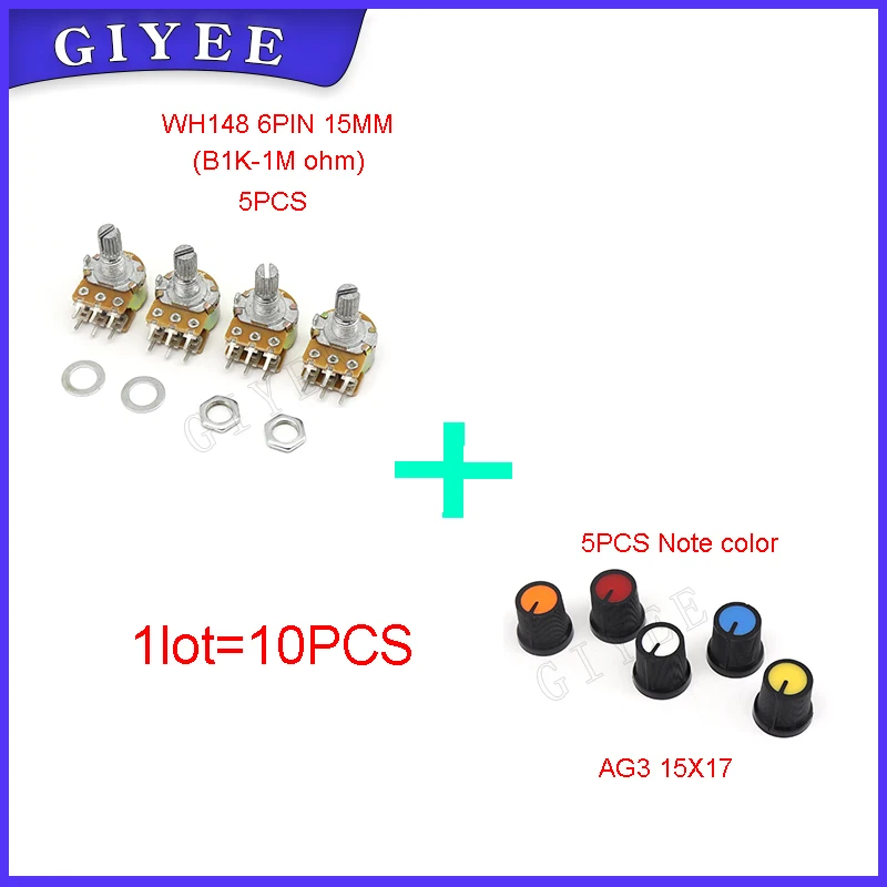 10pcs WH148 whit cap AG3 B1K B2K B5K B10K B20K B50K B100K B250K B500K B1M 6Pin 15mm Shaft Amplifier Dual Stereo Potentiometer