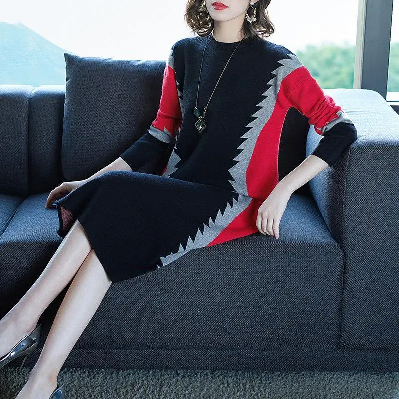 M-6XL สเวตเตอร์ตัวยาวสำหรับผู้หญิงใส่ในออฟฟิศชุดงานเย็บปะแฟชั่นใหม่2023ฤดูหนาวและฤดูใบไม้ร่วง