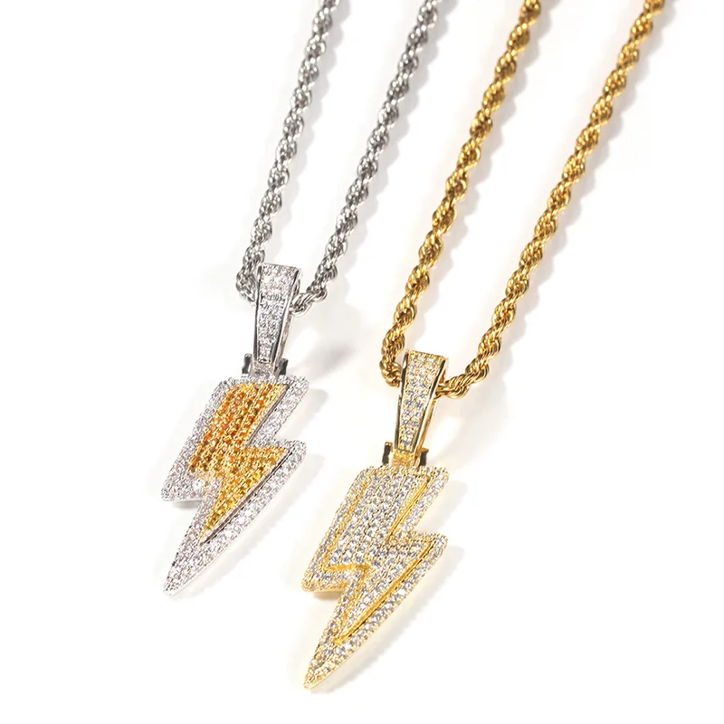 

Hip Hop 3A+ CZ Stone Paved Bling Ice Out Solid Lightning Pendants Necklace for Men Rapper Jewelry Drop Shipping