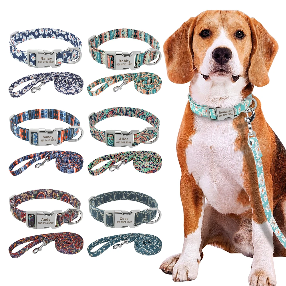 Nylon Printed Dog Collar Leash Set Personalized Pet Dog Collar Necklace Free Engraved ID Tag Nameplate For Small Medium Dogs