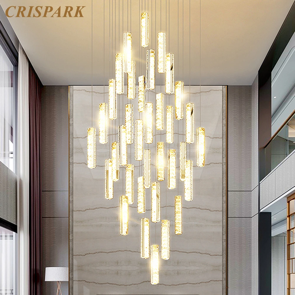 Clear Crystal Ceiling Chandelier LED Modern Stainless Steel Large Pendant Hanging Lamp Staircase Decor Indoor Light Fixture