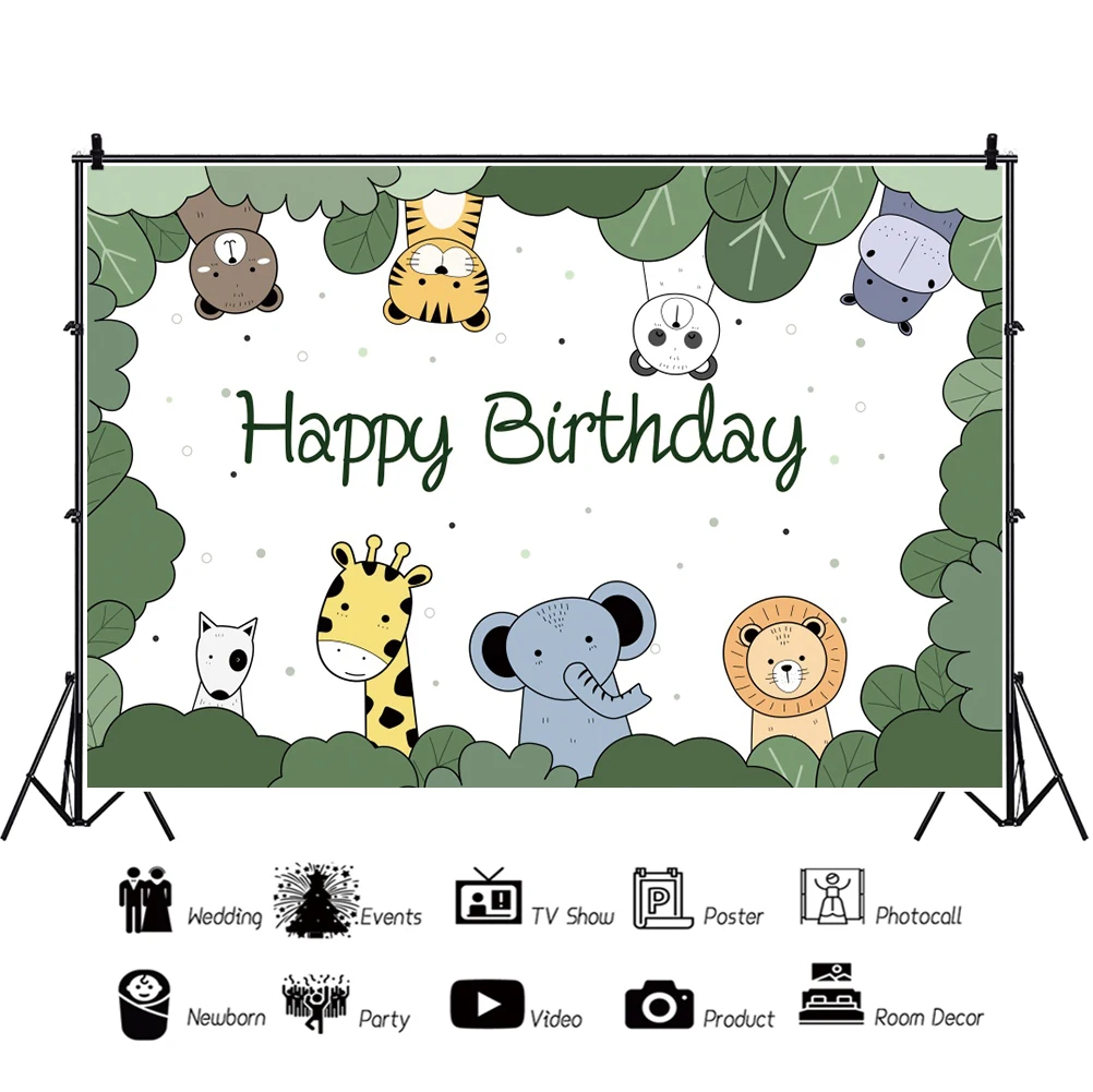 Laeacco الكرتون الحيوانات صور خلفية الغابة سفاري الطفل عيد ميلاد سعيد الأسرة حفلة التصوير خلفية مخصصة راية