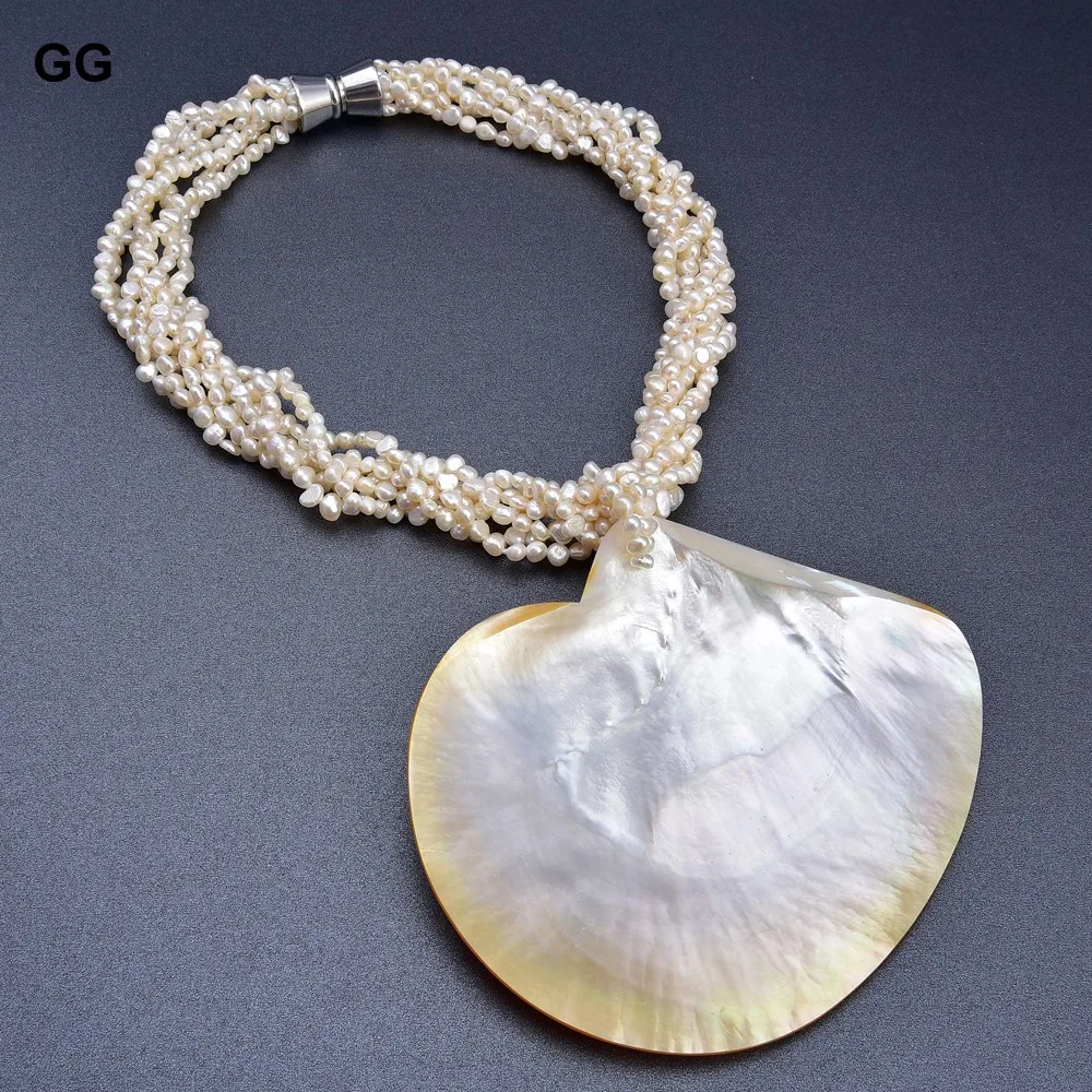 GuaiGuai Jewelry 7 Rows Natural White Keshi Pearl Big Shell Pendant Necklace