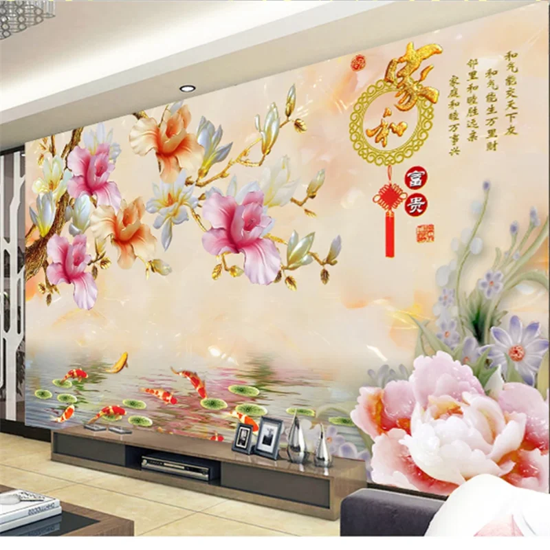 wellyu Custom large-scale murals Chinese wealthy 3D jade carving peony colorful magnolia background wallpaper