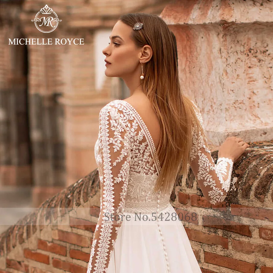 Michelle Royce A-Ling vestidos De novia Sexy escote en V apliques De encaje recortado botón capilla tren vestidos De novia Vestido De novia