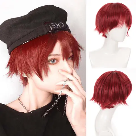 Ailiade Fashion 12" Short Straight With Bangs Male Boy Synthetic Red Wigs For Women Men Cosplay Anime Costume Daily Party Wig