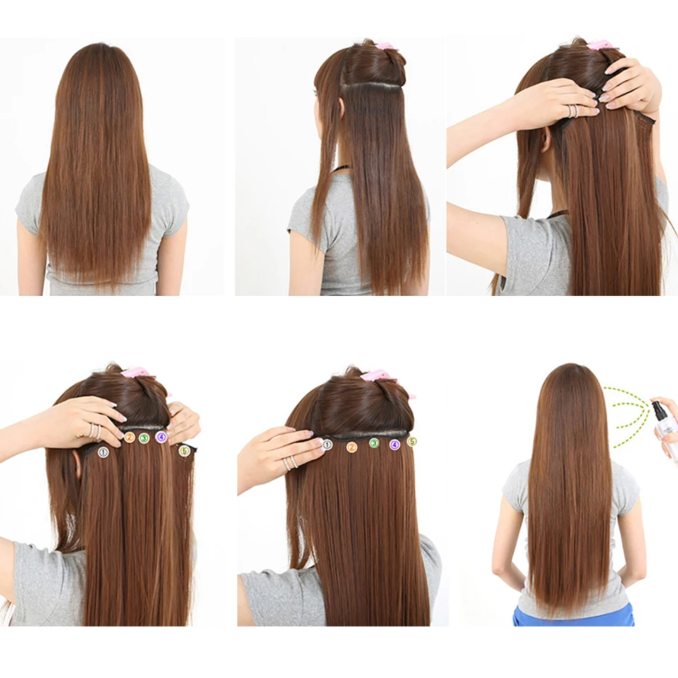 24 นิ้วผมยาวสังเคราะห์คลิปใน Hair EXTENSION ทนความร้อน Hairpiece ธรรมชาติผมหยักชิ้น MUMUPI