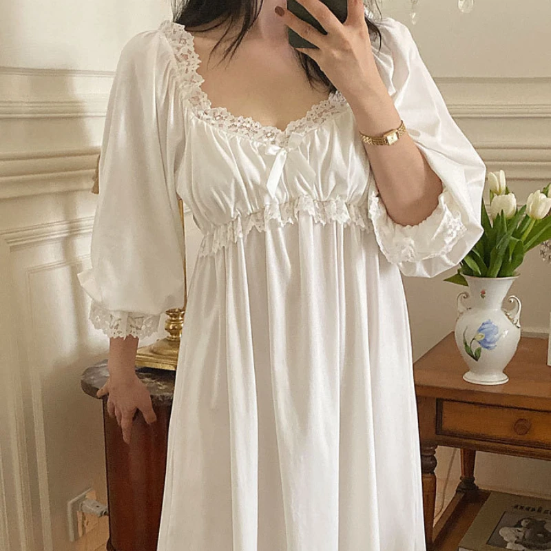 Victorian Cotton Night Dress Women Autumn White Long Peignoir Vintage Romantic Nightgowns Padded Sexy Nightie Princess Sleepwear