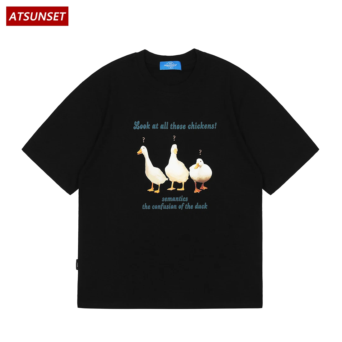 ATSUNSET Three Big White Ducks Print Country Style T-Shirt Hip Hop Streetwear Harajuku Tees Spring Summer Cotton Pullover Top