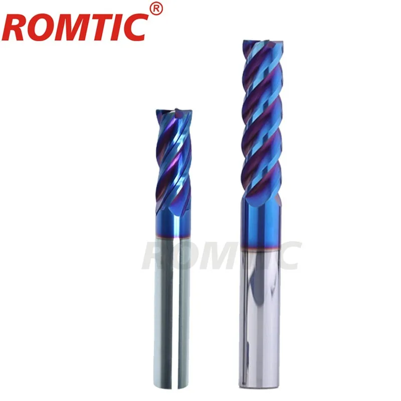 ROMTIC HRC70 4-Flute Milling Cutter Tungsten Steel Carbide Blue Nano Coating Flat End Mill For CNC Maching Endmills Tools