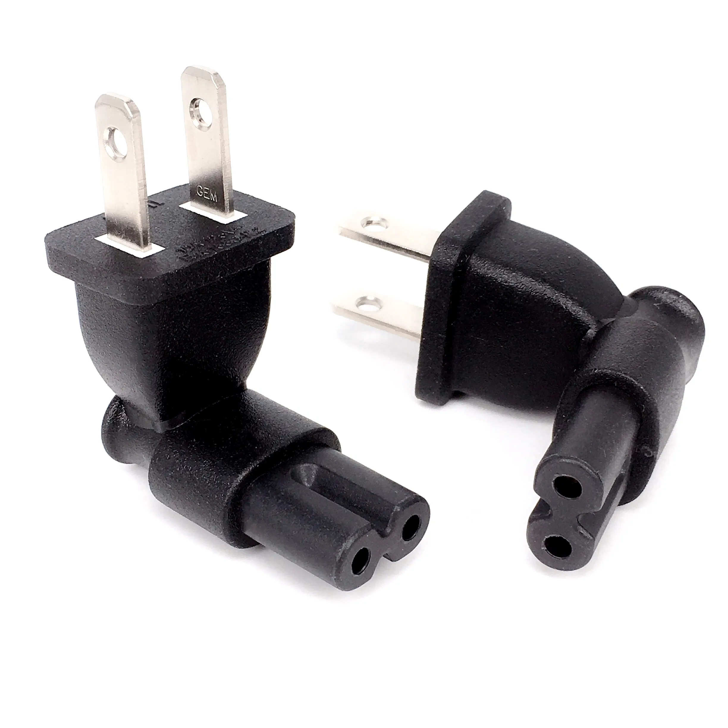 US 2 Prong Right Angle AC power Plug Adapter IEC figure 8 C7 receptacle to NEMA 1-15P