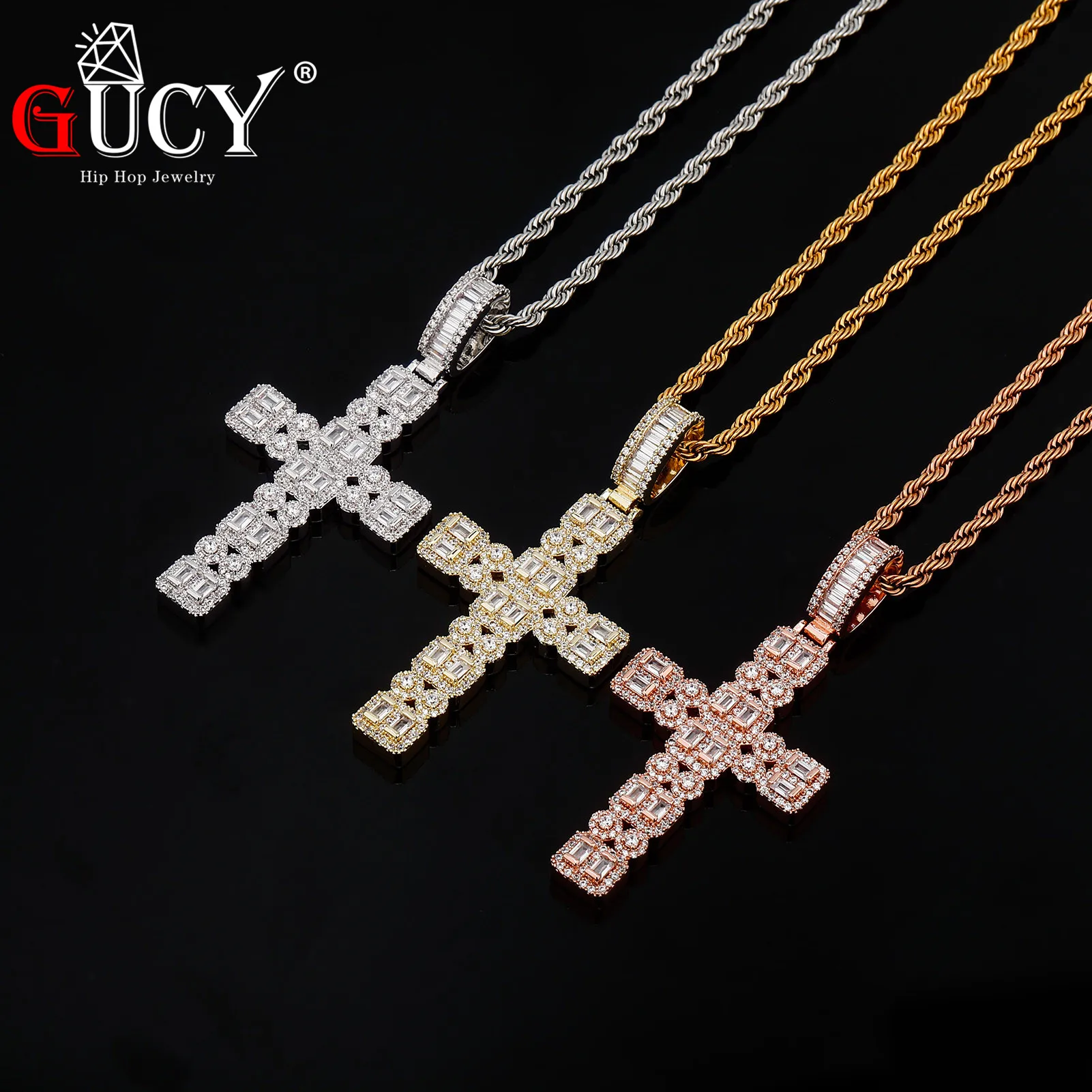 GUCY New Cross Pendant With 4mm Tennis Chain Necklace  AAAA Cubic Zircon  Men's  Women Pendant Hip Hop Jewelry For Gift