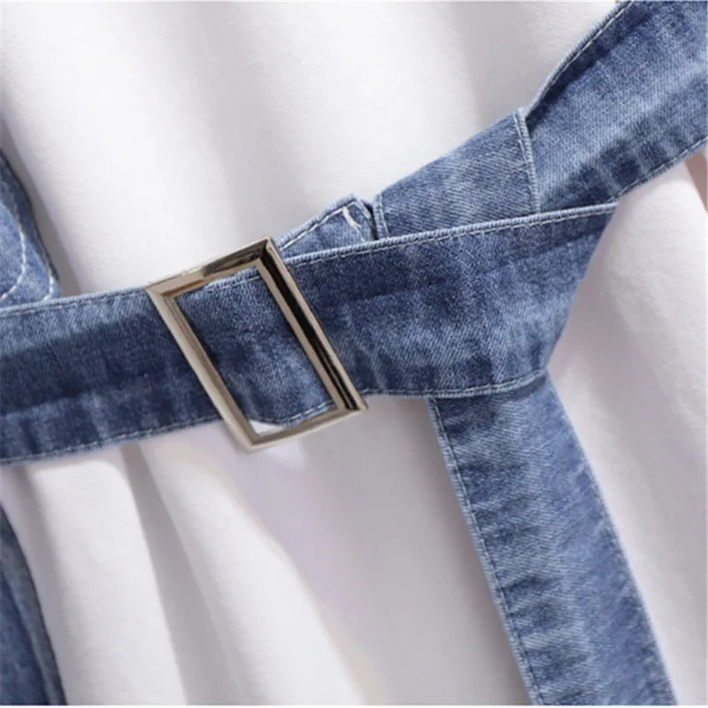 Denim Gespleißt T-Shirt Kleider Frauen Brief Druck Mode Kurzarm Hohe Taille Kurzen Kleid Weibliche Lose Beiläufige Sommer Kleid