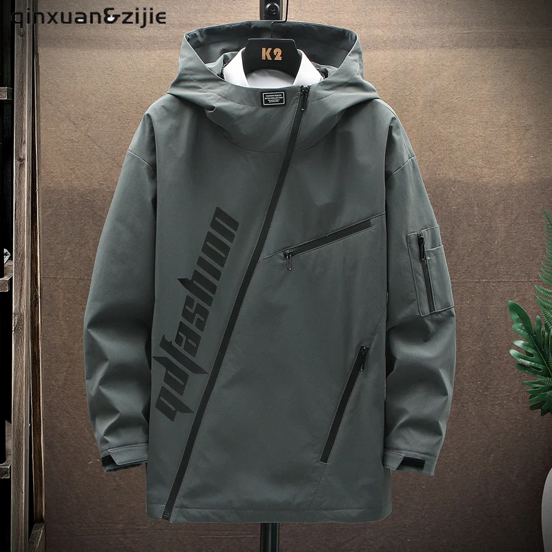 

Men's Windbreaker Jackets Cardigan Male New Korea Fashion Techwear Hooded Print Coats Casual Clothing Autumn 2021 Dropshipping
