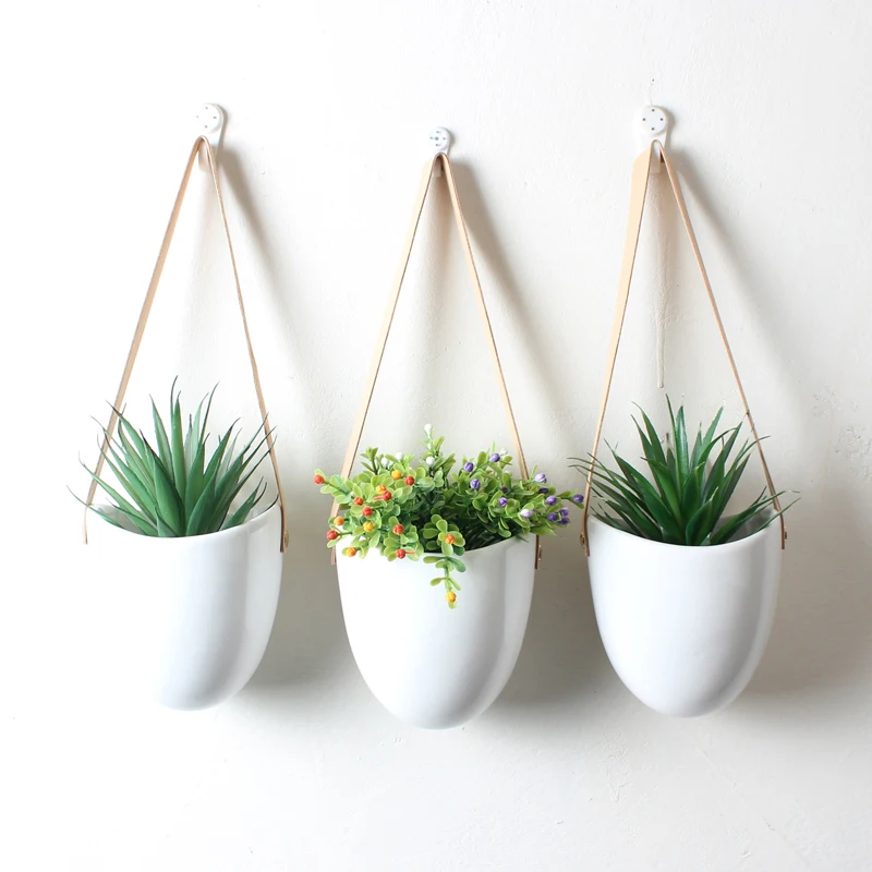 Set of 3 Ceramic Hanging Planters for Succulent Air Plants Flower Pots with Leather Strap Wall Flowerpots Home Garden Decoration image 3