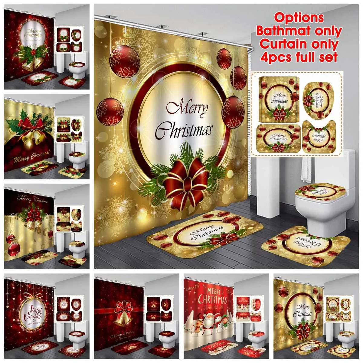 Cortina de chuveiro de natal feliz conjunto de banheiro de papai noel boneco de neve sino padrão cortinas de banho antiderrapante capa de vaso sanitário tapete de chão